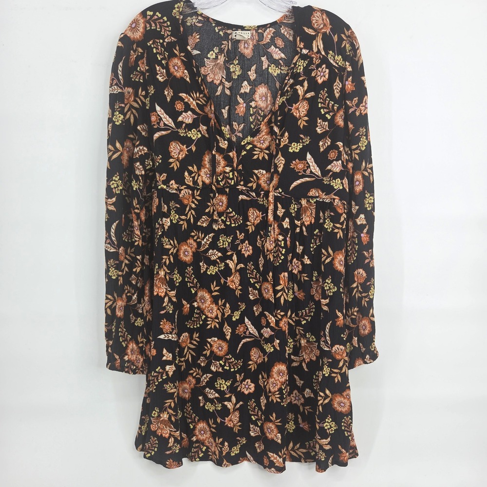 Billabong Floral Mini Dress Large Black Boho Long Sleeve Gauze Fall Western